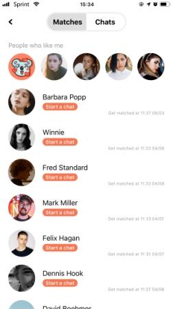 لقطة شاشة من تطبيق MeetYa — التطابقات والمحادثات
